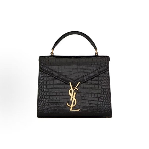 SAINT LAURENT CASSANDRA Gold Logo Crocodile embossed shiny crossbody bag, handbag, shoulder bag, mini women\'s style, black